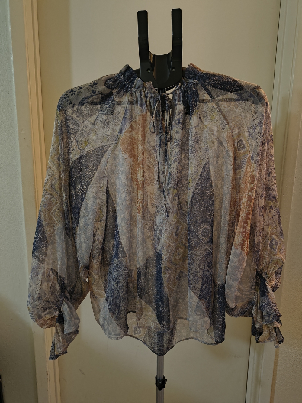 Size Large Zara Boho Printed Sheer Peasant Blouse - Blue Multi